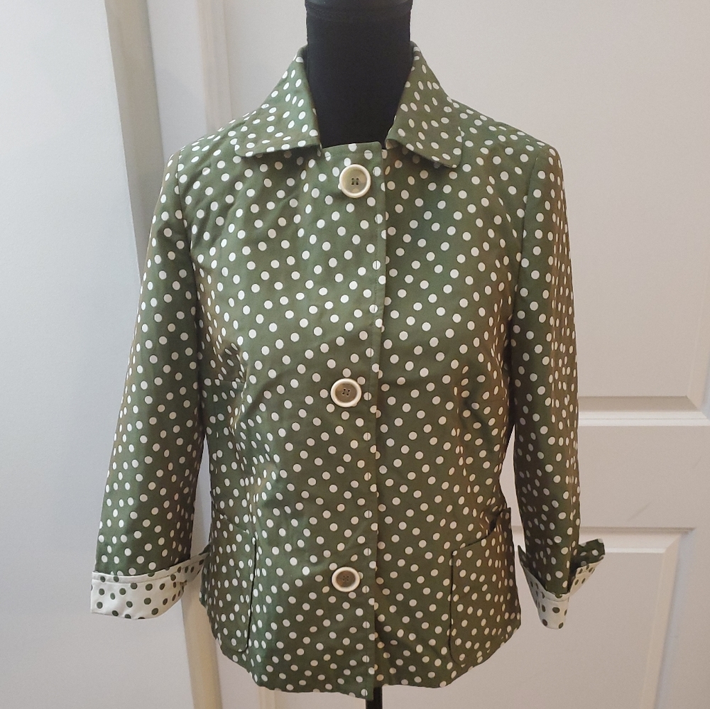 Akris Punto Green Polka Dot Cotton Snap Blazer Size US 10